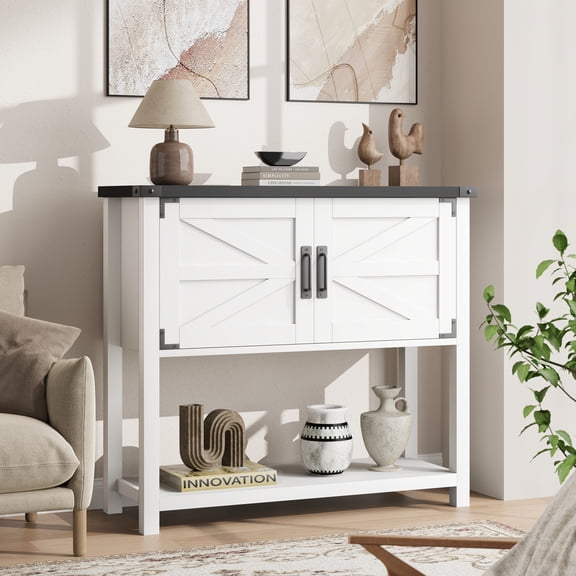 DSstyles Farmhouse Entryway Table with 2-Door Cabinet, Wood Console Table with Storage, Coffee Bar Cabinet, Sofa Tables Buffet Sideboard for Kitchen, Hallway, Dining, Living Room, White/Grey