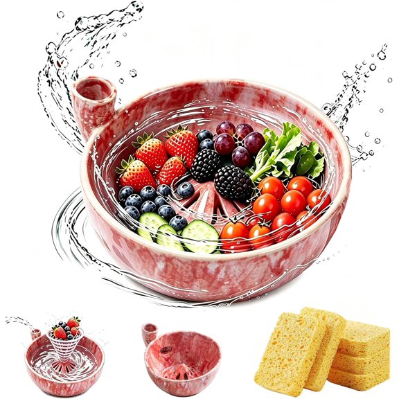 Self Spinning Berry Washing Bowl Ceramic, Fruit Washer Spinner with Drain, Automatic Rotating Berry Rinse Bowl with Holes, Multipurpose Kitchen Colander Basket for Kitchen (K)