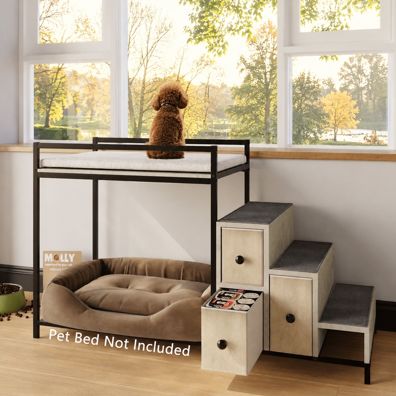 BOSSIN Pet Window Perch with Stairs, 3 Drawers Large Pet Bunk Bed for Dogs and Cats