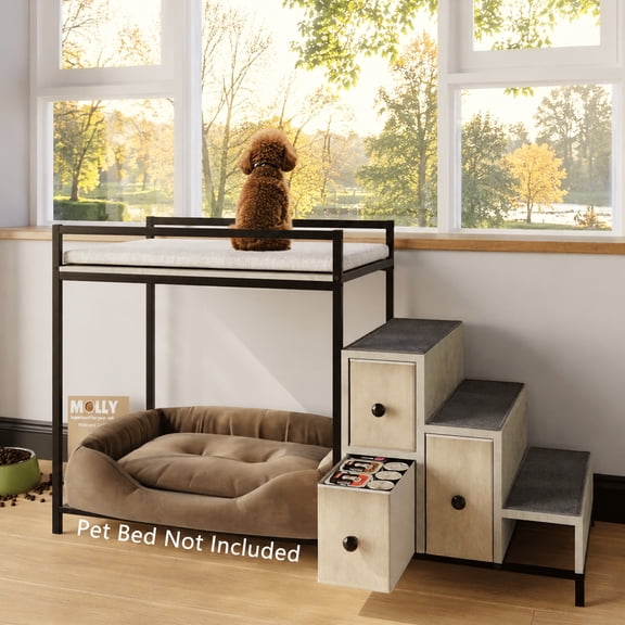 BOSSIN Pet Window Perch with Stairs, 3 Drawers Large Pet Bunk Bed for Dogs and Cats
