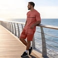 thumbnail image 4 of Mens Beach Outfits 2 Piece Sets Short Sleeve Crewneck T-Shirts Drawstring Elastic Waist Shorts Outfits with Pockets Color Block Outfits Summer Beach Vacation Breathable Athletic Wear,Hot Pink M, 4 of 6