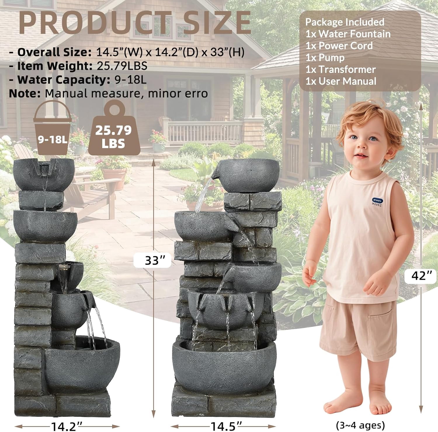 EPICOZY 33" Tall Outdoor Water Fountain, 5 Tier Cascading Bowls and Stacked Stone Wall Waterfall Fountain with Warm LED Lights, Resin Garden Water Feature for Patio, Backyard and Home Art Décor