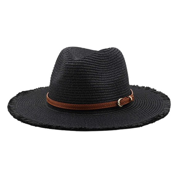 Ticikt Western Cowboy Hat Wide Brim Shapeable Panama Straw Hat Summer Beach Sun Hat Outdoor Travel Cap with Chin Strap,Color:Black
