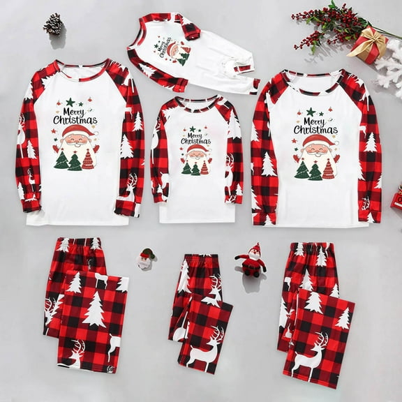 Odeerbi Christmas Pajamas for Family Holiday Long Sleeve Family Christmas Pajamas Matching Sets Dad Parent Child Outfit Printed Loungewear Two-Piece Sleepwear Xmas PJs Set White