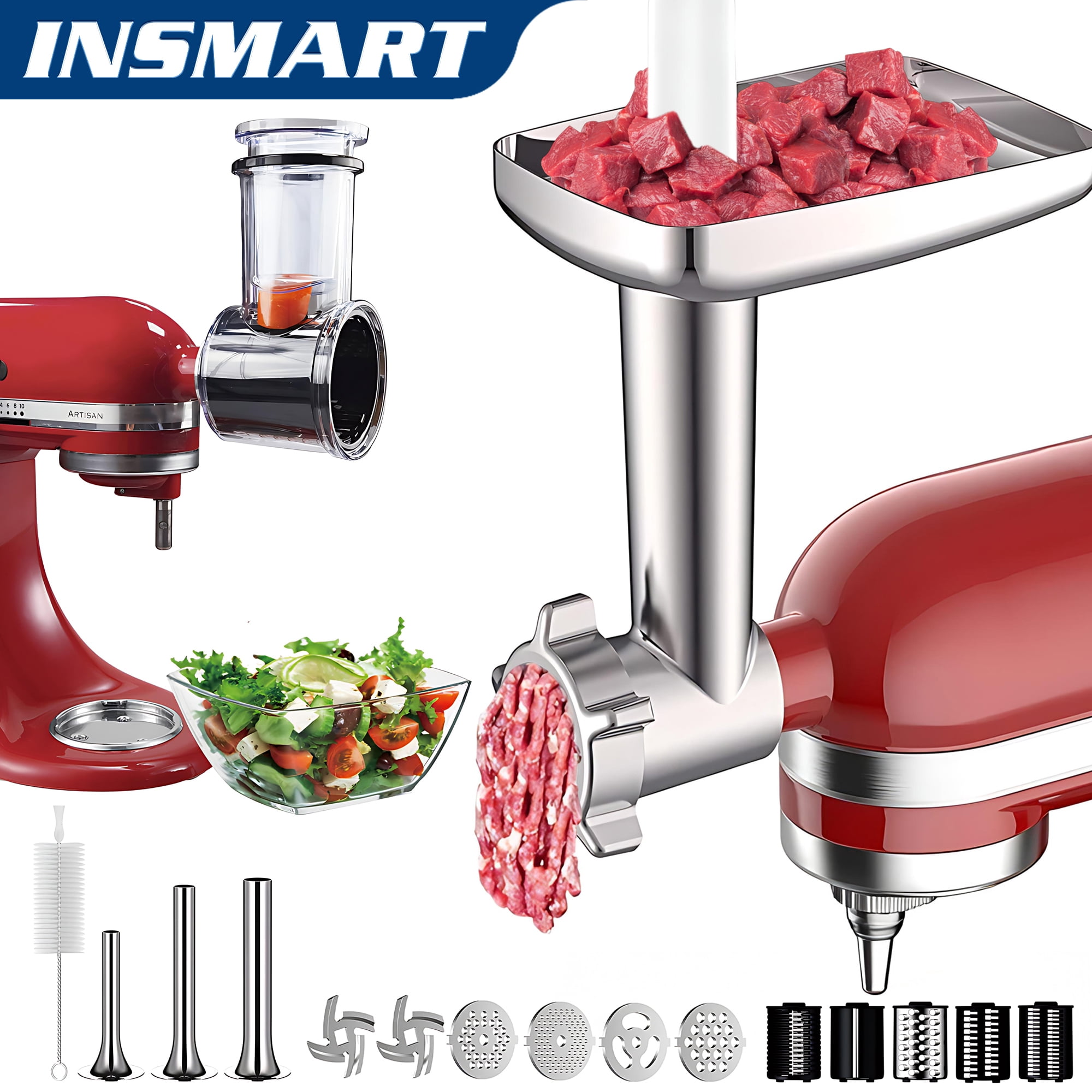 INSMART Metal Food Meat Grinder Attachment for KitchenAid Stand Mixers, Including 3 Sausage Filling Tubes and 4 Grinding Discs, Stainless Steel Food Grinder Attachments Set