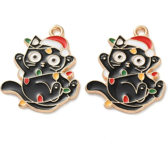 5Pcs Cat Charms Hat Christmas Theme Alloy Enamel Pendants Jewel Accessories DIY