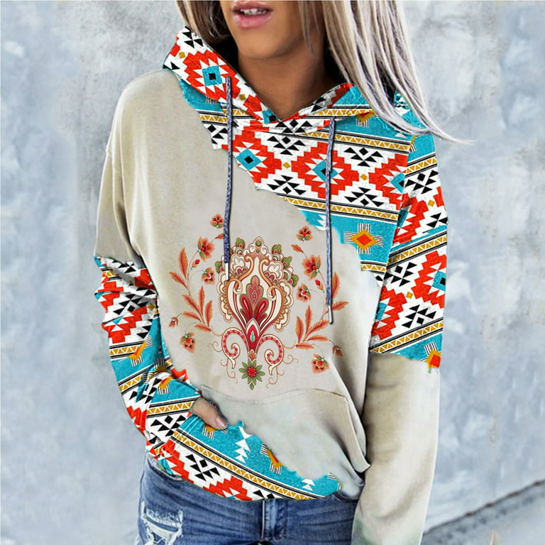 HSMQHJWE Designer Sweatshirts For Women Womens Sweatshirts And Hoodies  Ladies Top Pocket Drawstring Long-Sleeved Vintage Hoodie Printed Pullover  Shirt