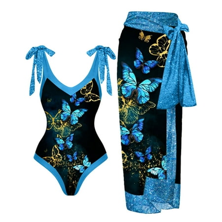 Plus Size Swimsuit for Women One Piece Vintage Colorblock Abstract Floral Print Cover Up 2 Piece Vintage Print Monokini Bikini Tankini Set Blue Swimwear Sizes XL