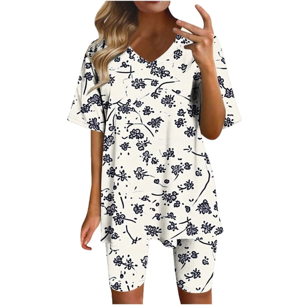 Blusas para las Mujeres Casual Impreso Cuello en V Manga Corta Blusa Pantalones Cortos, Conjuntos de Ropa para las Mujeres