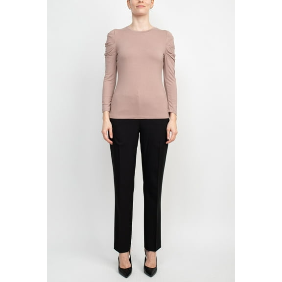 Catherine Malandrino Crew Neck Long Sleeve Ruched Shoulder Solid Knit Top-ASH SMOKE / XS