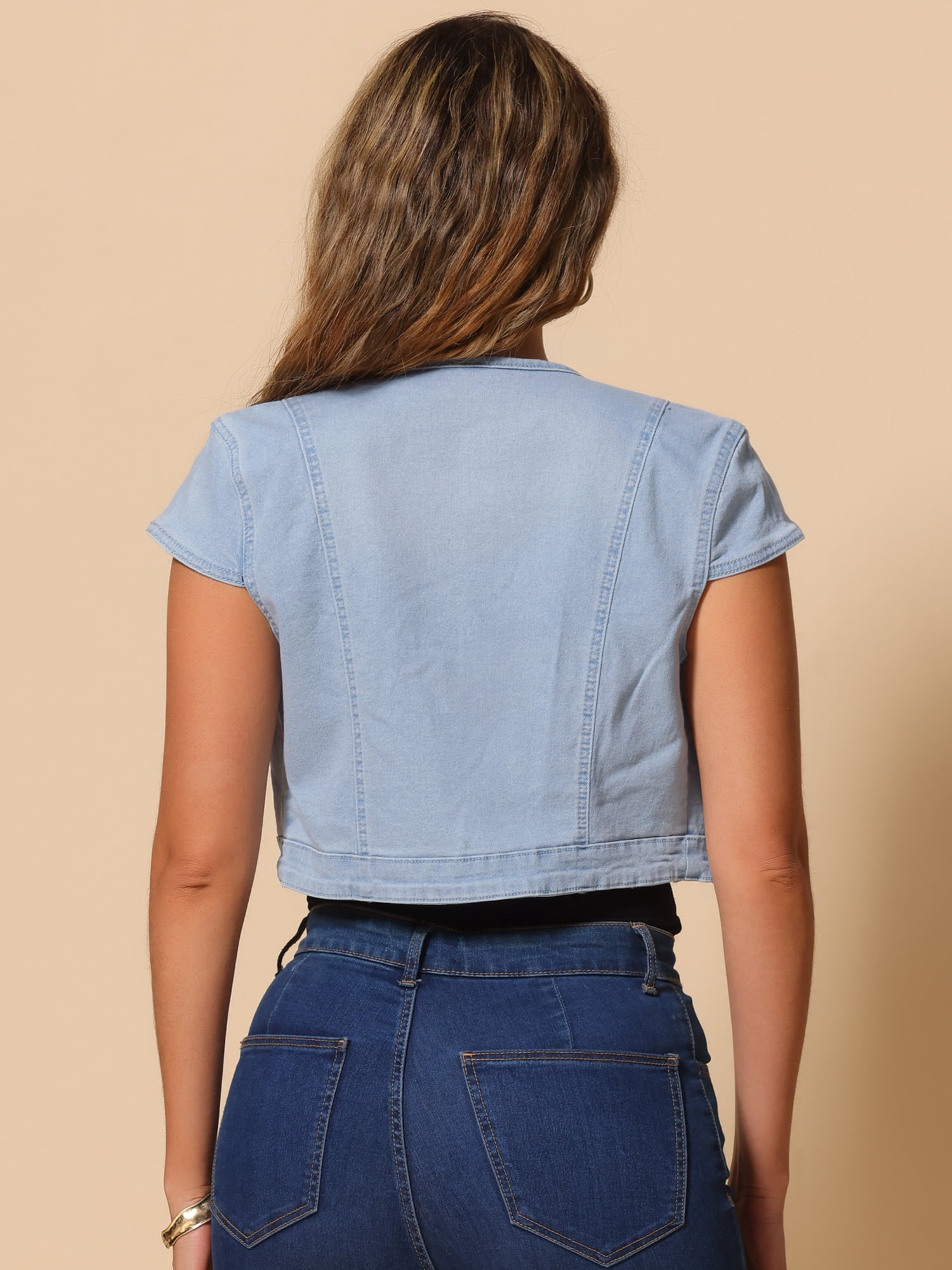 DARING DIVA Women's Crop Denim Cardigan Cap Sleeve Jean Jacket L Sky Blue