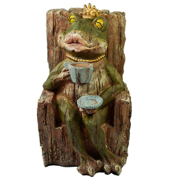 Large Queen Coffee Frog Sitting on Tree Stump Statue Drinking Coffee Indoor Outdoor Patio Garden Statue Decoration Collectible Frog Figurine Statue Model Sculpture (9.5" Frog On Tree Stump)