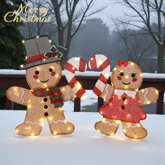2-Piece Lighted 2D Gingerbread Men Holding Candy Canes, 23.6" & 19" Pre-Lit Gingerbread Man w/ 80 LEDs, for Xmas Festive Holiday Front Garden Patio Yard Lawn Display