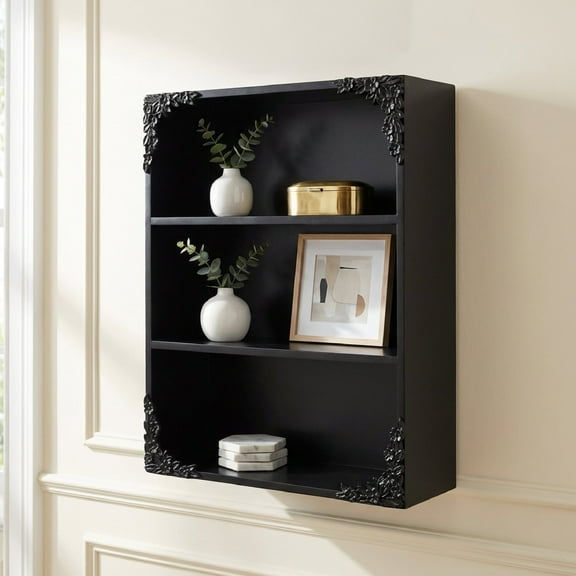 American Art Decor Ornate Floral 3‑Tier Decorative Vintage Wall Mounted Bookcase Shelf Storage Organizer - Black