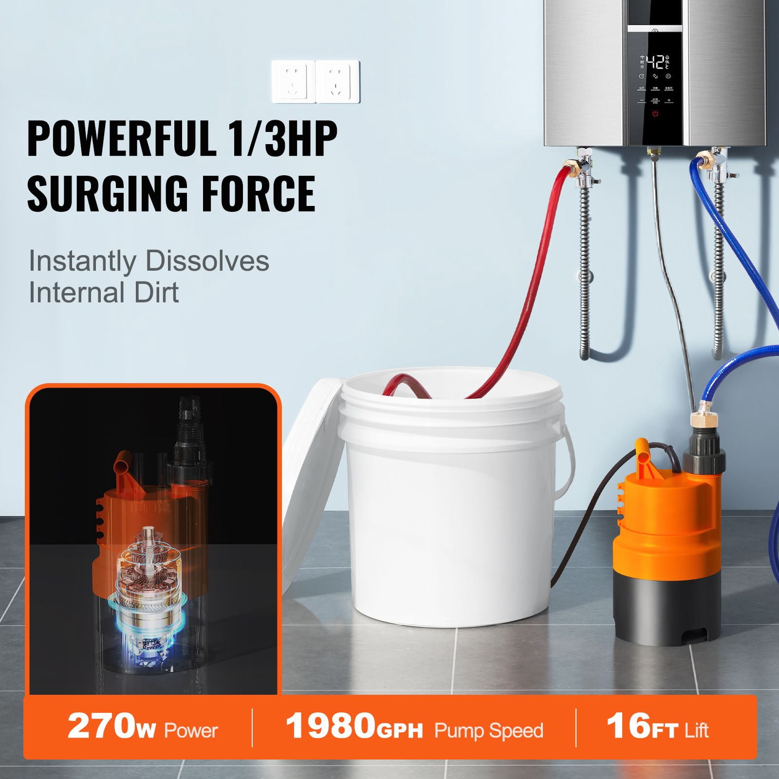 Tankless Water Heater Flushing Kit, Includes Efficient Pump & 3.7 Gallon Pail & 2 Hoses, Wrench and Adapter for Quick Install, Easy to Start Water Heater Flush Descale Kit Anti-corrosion