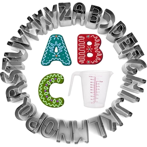 26PCS Alphabet Cookie Cutters Set with 500ml Measuring Cup,1 Inch Small Stainless Steel Cookie Cutter Tool,Fondant Biscuit Fruit Dough Mold for Kitchen,Halloween,Christmas,Birthday Party Decor