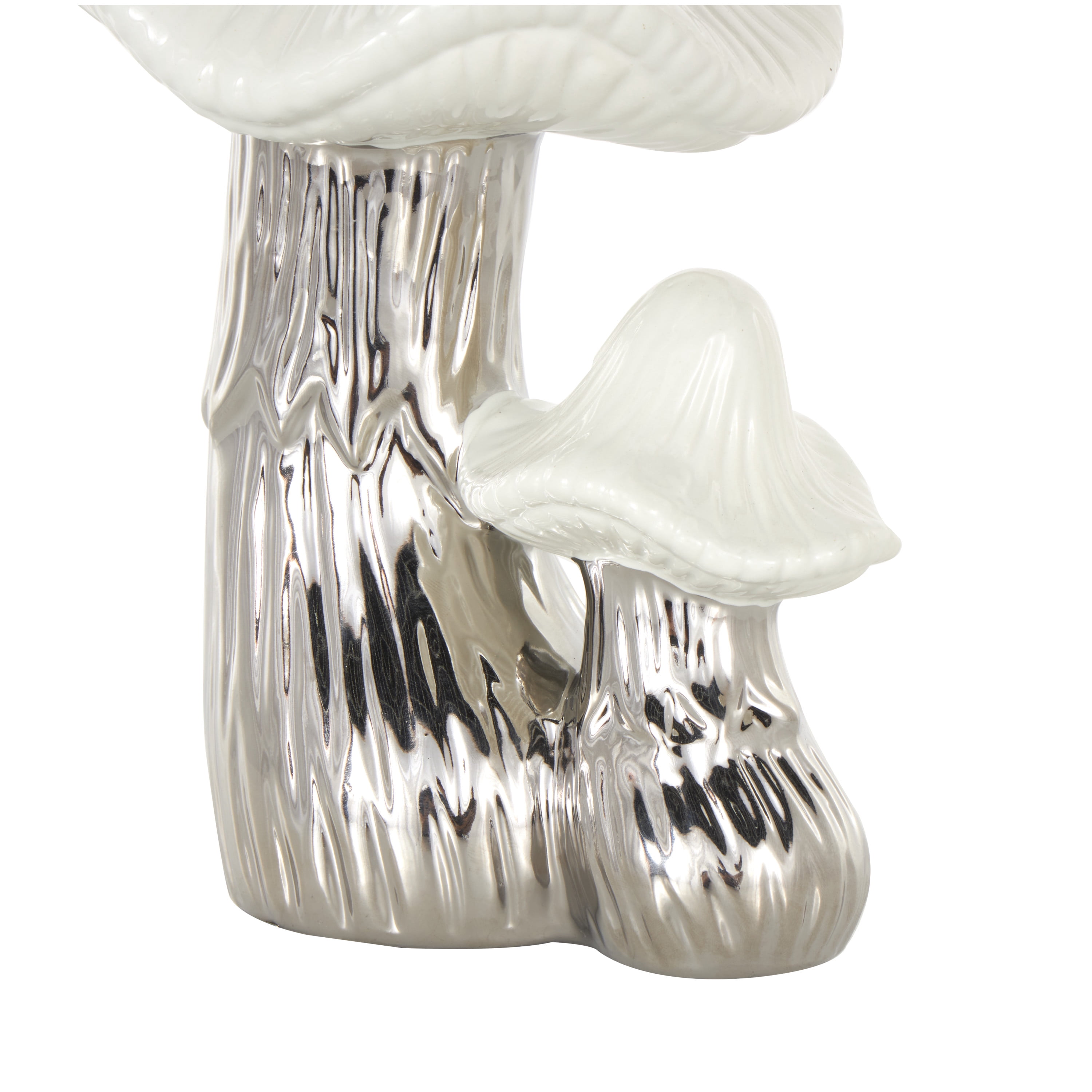 7" x 10" Silver Ceramic Mushroom Sculpture with White Tops and Textured Grooves, by DecMode
