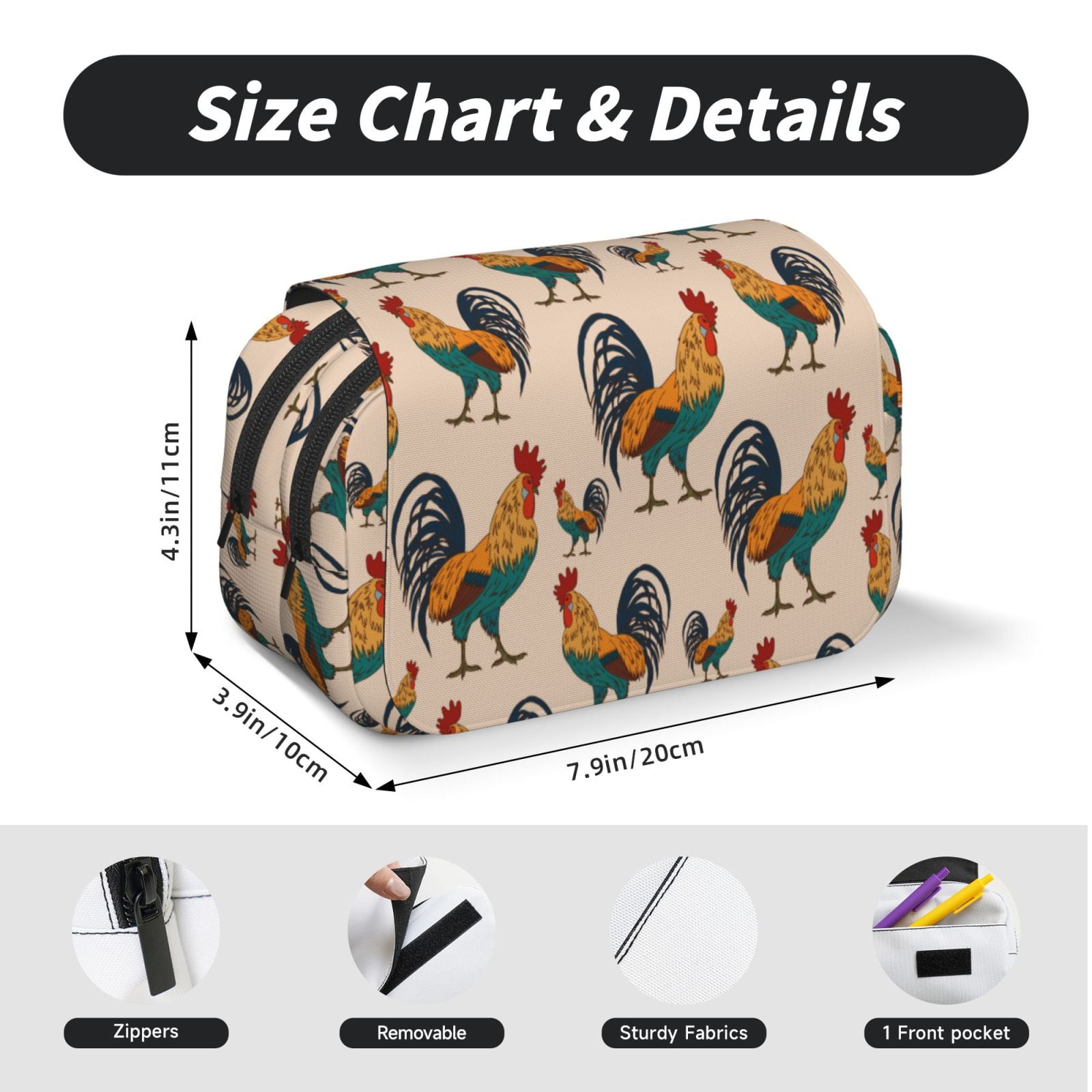 Rateoe Rooster Pattern Double Clamshell Pen Case, Storage Organizer with Two Zipper Compartments– Holds Up to 50 Pencils & Pens