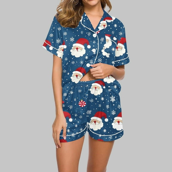 Nrmvnmi Christmas Pajamas Sets For Women Summer Short Sets Graphic Prints Sleepwear Sets Flip Collar Short Sleeved Button Cardigan Tops And Elastic Waist Shorts Soft Comfortable Loungewear