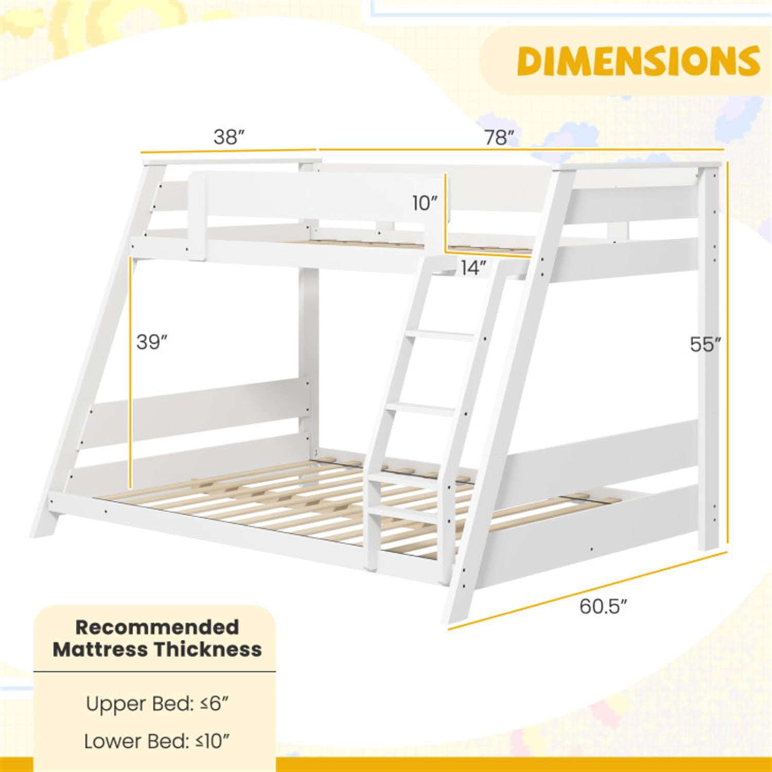 Demi Bonn Twin Over Full Low Bunk Bed with Reversible Ladder, Solid Wood Floor Bunkbeds Frame for Bedroom, No Box Spring Needed, White