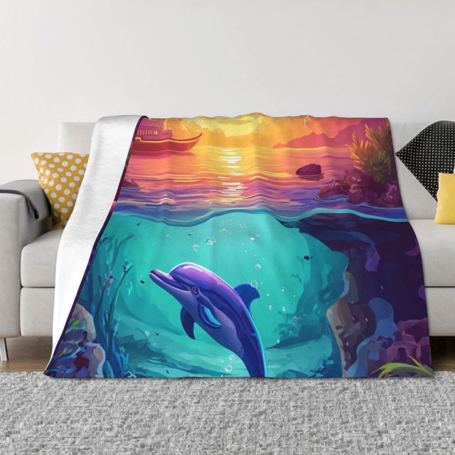 Fotbe Hawaiian Island Dolphin Manta de Franela con Estampado, Manta Ultrasuave para Cama, Sofá, Auto, Hipoalergénica y Antibolitas-80"x60"