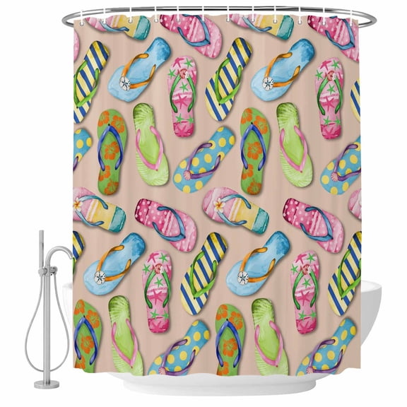 Summer Slippers Shower Curtain, Waterproof Shower Curtains for Bathroom, Watercolor Flip Flops Ocean Beach Light Brown Washable Fabric Bathtub Curtain Set Bath Decor with 12 Hooks Standard 72"x72"