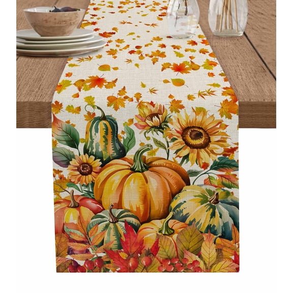 ERUNPONLY Thanksgiving Table Runner - 90 Inch Long Vintage Pumpkin Autumn Sunflower Maple Leaf Cotton and Linen Blended Dress Scarves Farmhouse Table Runner for Kitchen Dining, Coffee Table, 13"x90"