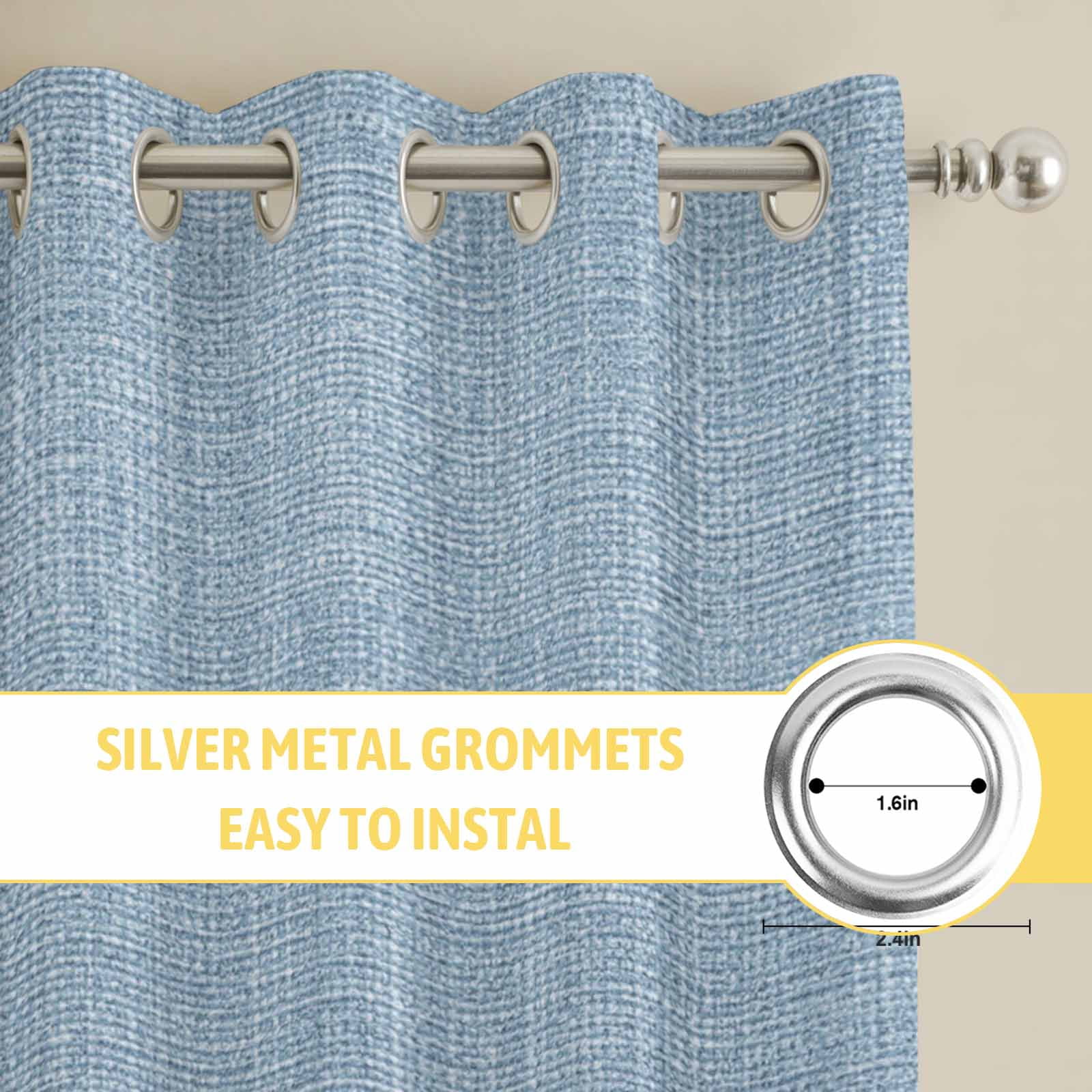 Kitchen Curtains 84 Inch Length 2 Panels, Vintage Sky Blue Grommets Window Treatment Curtain, Farmhouse Retro Solid Color Linen Texture Thermal Curtains Drapes for Living Room/Bathroom