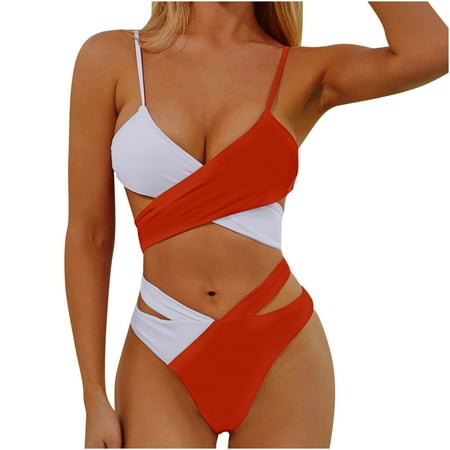 OSFVNOXV Womens Two Piece Swimsuits Color Blocked Bathing Suits Color Blocked Push Up Bra and Cross Waist Brief Swimwear Clearance