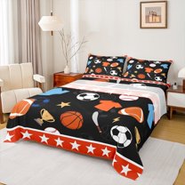 jejeloiu Baseball Gamer Gaming Queen Sheet Sets,Football Rugby Sport Flat Sheet,Game Trophy Queen Fitted Sheet For Boys Kids,Ultra Soft Home Decor,4pcs