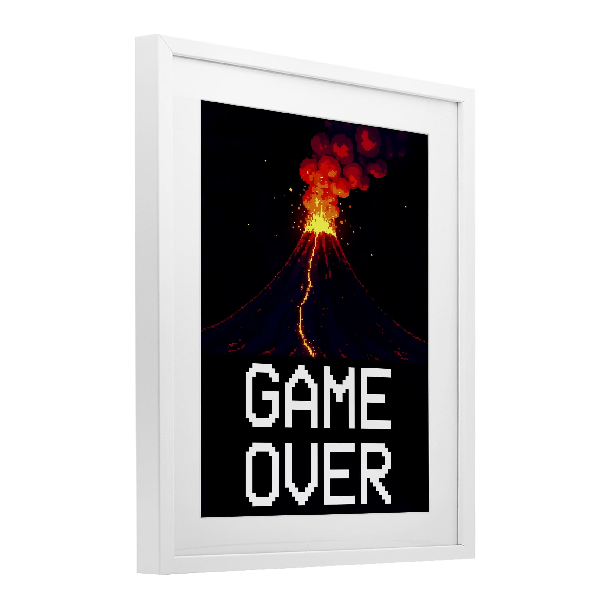 Pixel Volcano Game Over White Framed Print Under Glass, design by Kim Allen