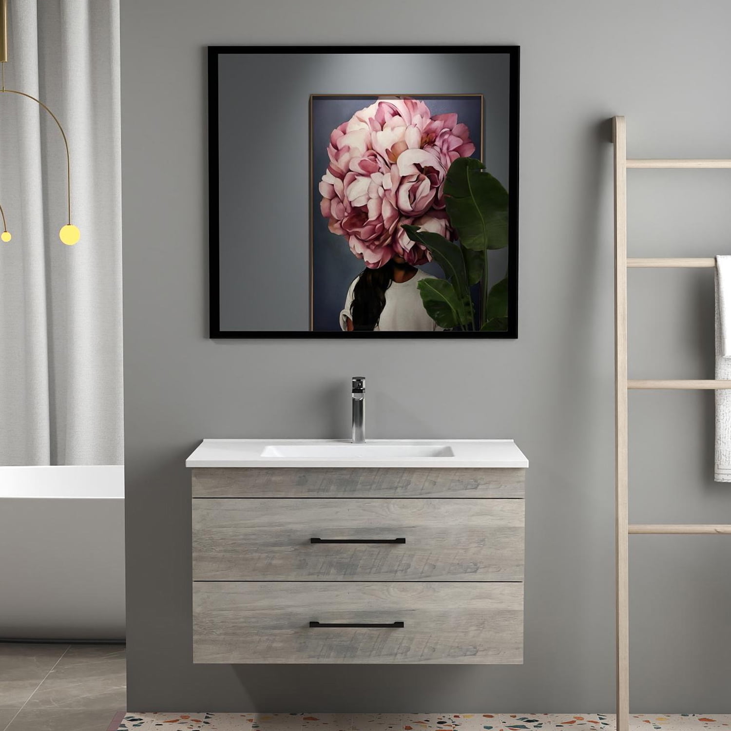 Demi Bonn 32" Wood Grain Wall-Mounted Bathroom Vanity with Ceramic Sink, 2 Soft-Close Drawers and Aluminum Frame Mirror, Faucets and Drains Not Included, Gray
