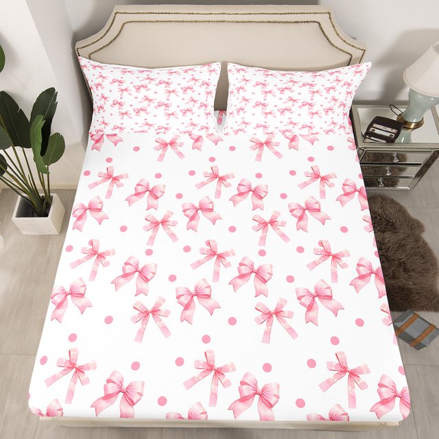 Erosebridal Princess Bowknot Fitted Sheet Set Queen, Pink Ribbon Bedding Queen Size, Cartoon Theme Decor 3pcs(No Top Sheet)