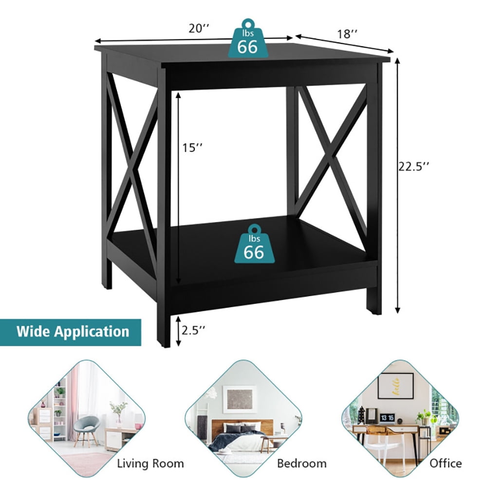 Finihen End Side Table, 2-Tier Side Table with X-shape Design and 4 Solid Legs, Bed Side Table, for Living Room, Bedroom, Black