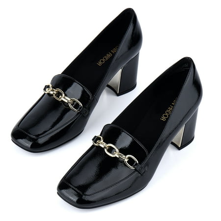 

JENN ARDOR Chain Loafer for Women Chunky High Heel Loafer Pumps Classic Block Heels Square-Toe Chain Fashion Casual Office Shoes Black