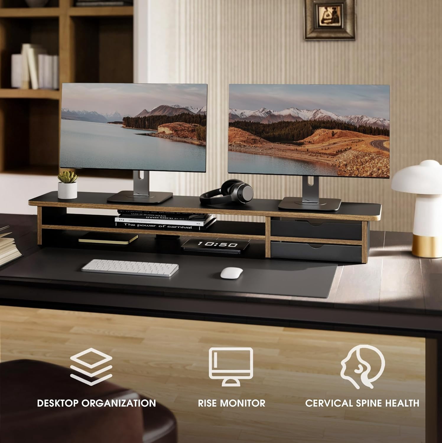 Monitor Stand, Dual Monitor Riser, 42.5inch Large Desk Computer Monitor Stand Riser with Drawer, 2 Tier Wood & Acrylic Desktop Organizer with Cable Management