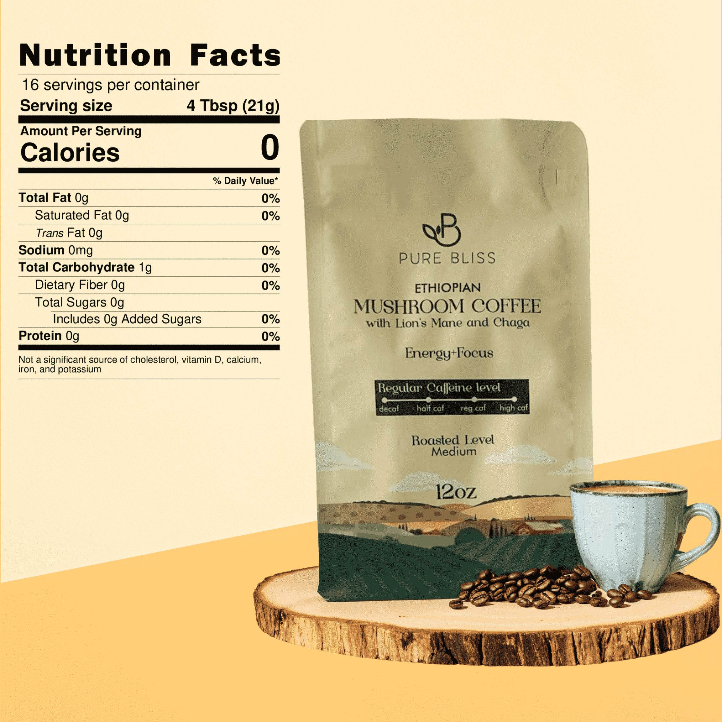 Pure Bliss Mushroom Coffee  w/ Chaga Mushroom & Lion's Mane Mushroom Instant Espresso 12oz