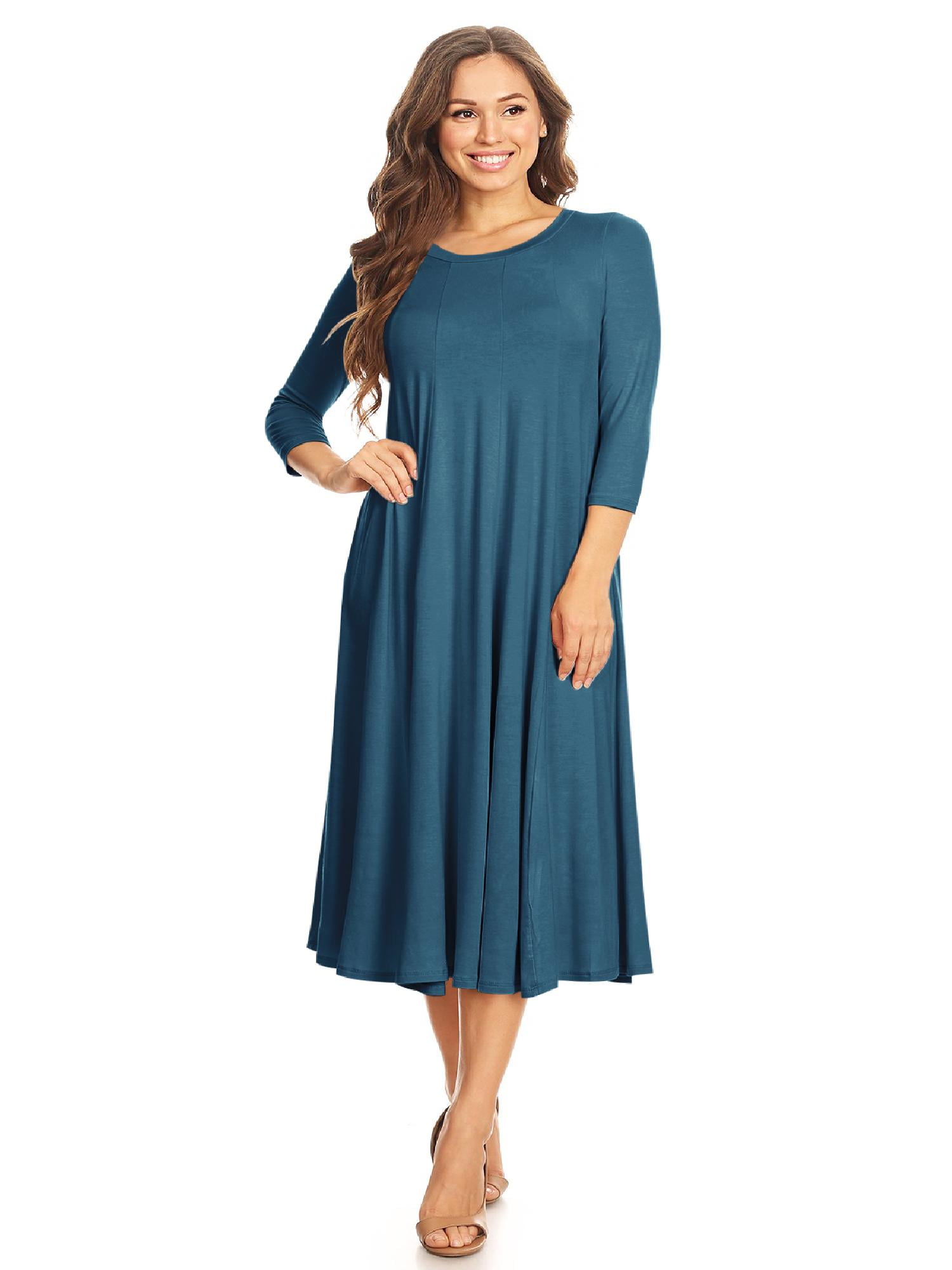 S-3XL Womens Casual Basic Comfy 3/4 Sleeve Flare A-line Midi Long Maxi Dress Made in USA 