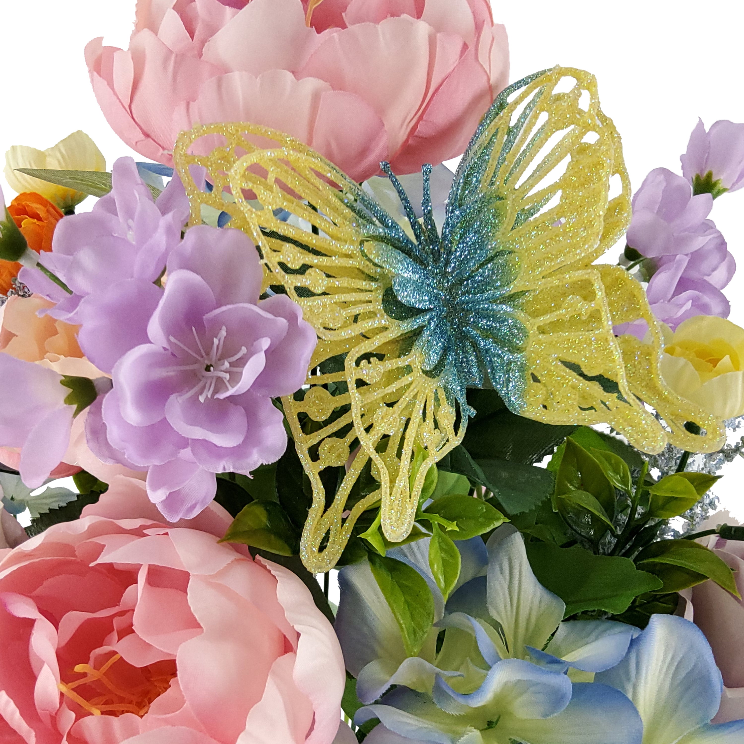 Mainstays 21in Indoor and Outdoor Artificial Mixed Butterfly Bouquet, Pink Peony & Purple Rose.