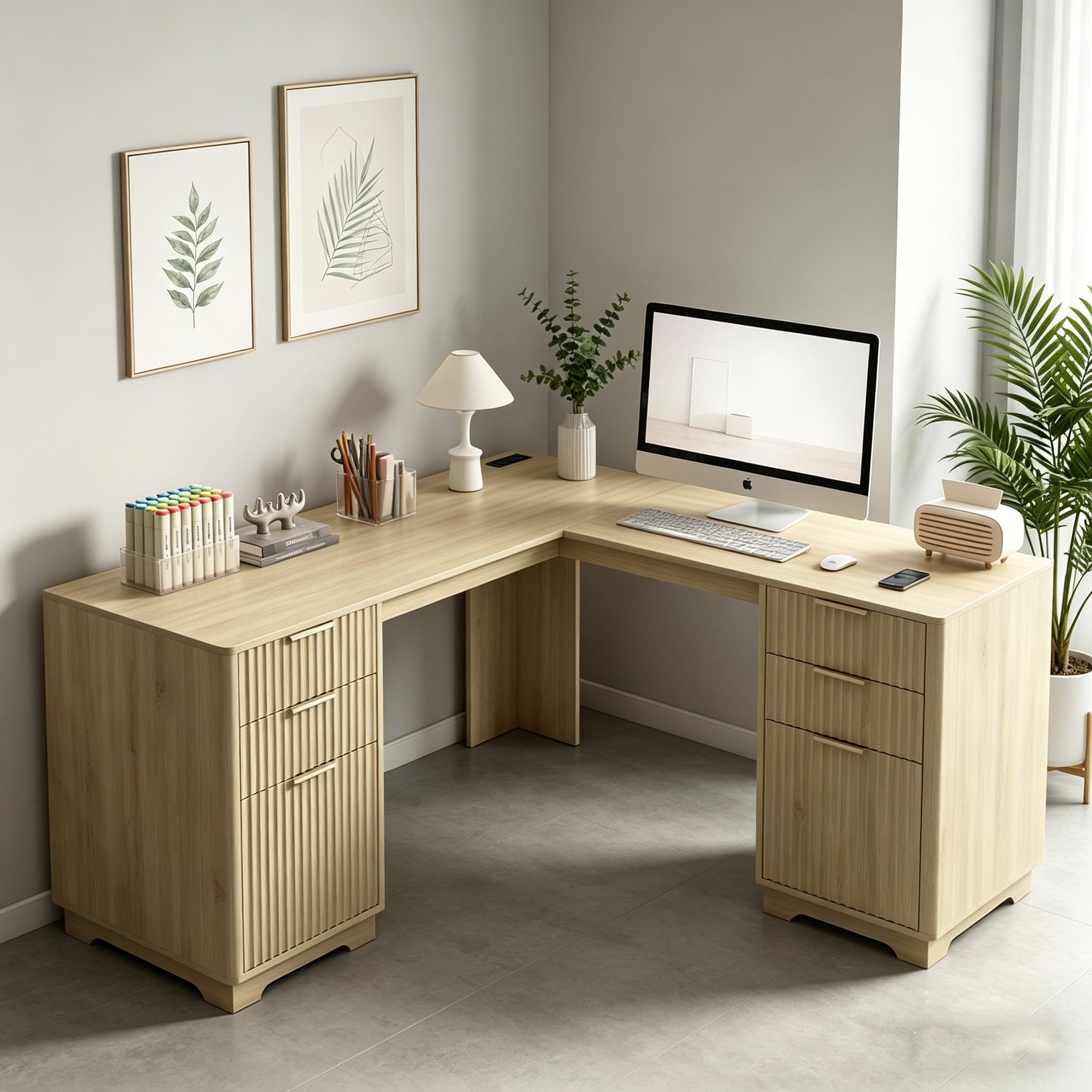 Aukfa L-Shaped Computer Desk, 2-in-1 Corner Desk with Charging Station & Storage Cabinet for Home Office,Natural