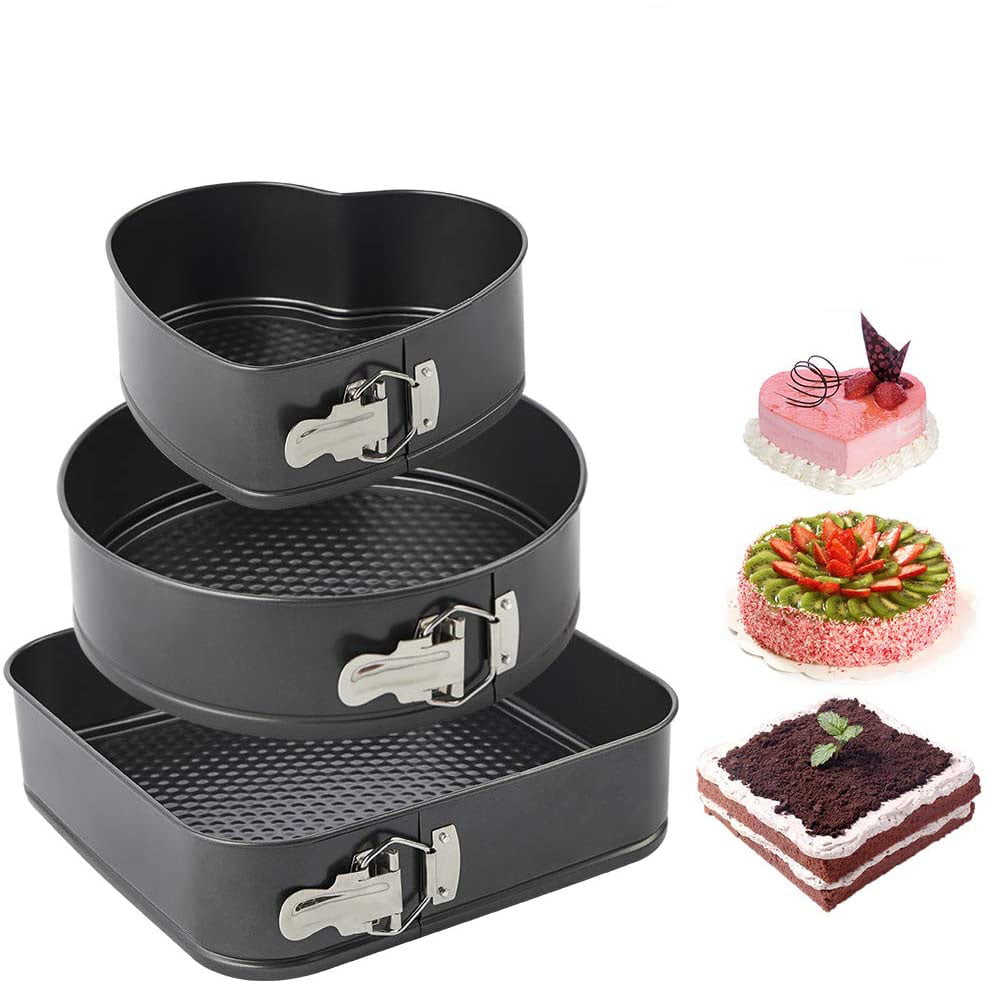 3PCS Heart Tins Bakeware Round Rectangular Springform Cake Tray Baking Mold Non Stick Pan Black