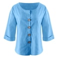 thumbnail image 2 of ManxiVoo Chemise Décontractée pour Femme à Boutons, Col Rond, Coton et Lin, Manches Longues, Haut Élégant Minimaliste pour le Bureau, Taille P, Bleu, 2 of 5