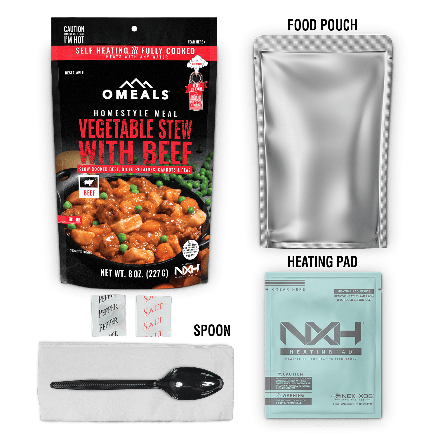 Omeals Vegetable Beef Stew 8oz Pouch Self Heating Camping Meal