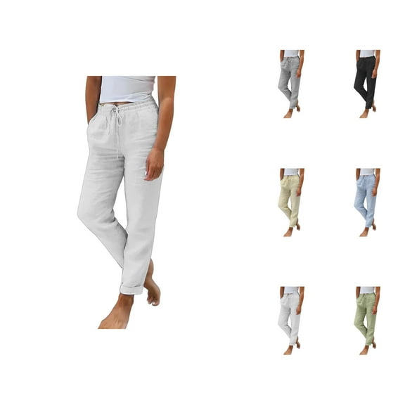 Ladies Summer Elastic High Waist Solid Color Cotton Linen Wide Leg Loose Pants Women Capris For Summer