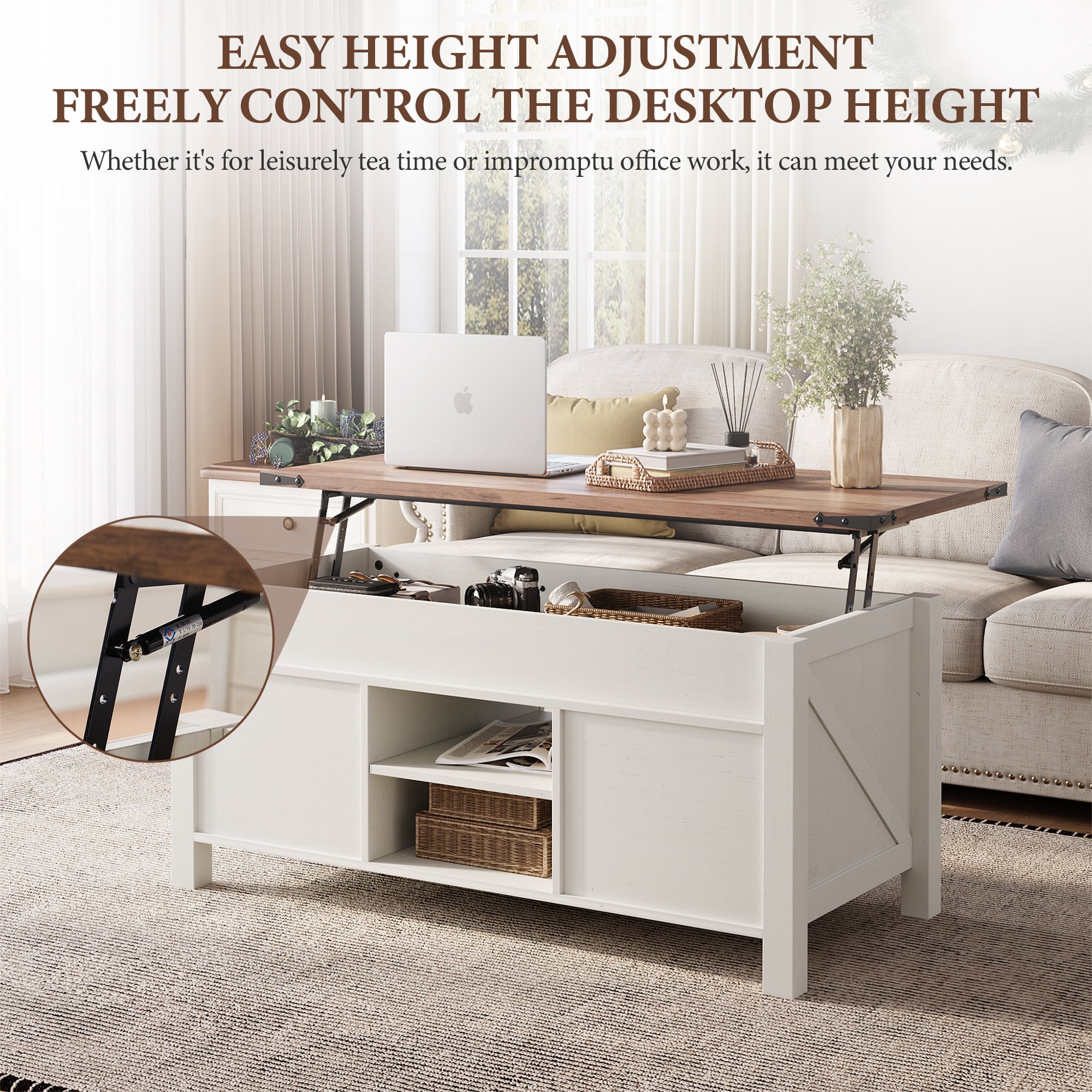 OKD 48" Farmhouse Lift Top Coffee Table with Sliding Barn Door, Rustic Center Table with Hidden Storage Compartment for Living Room, Office, Antique White