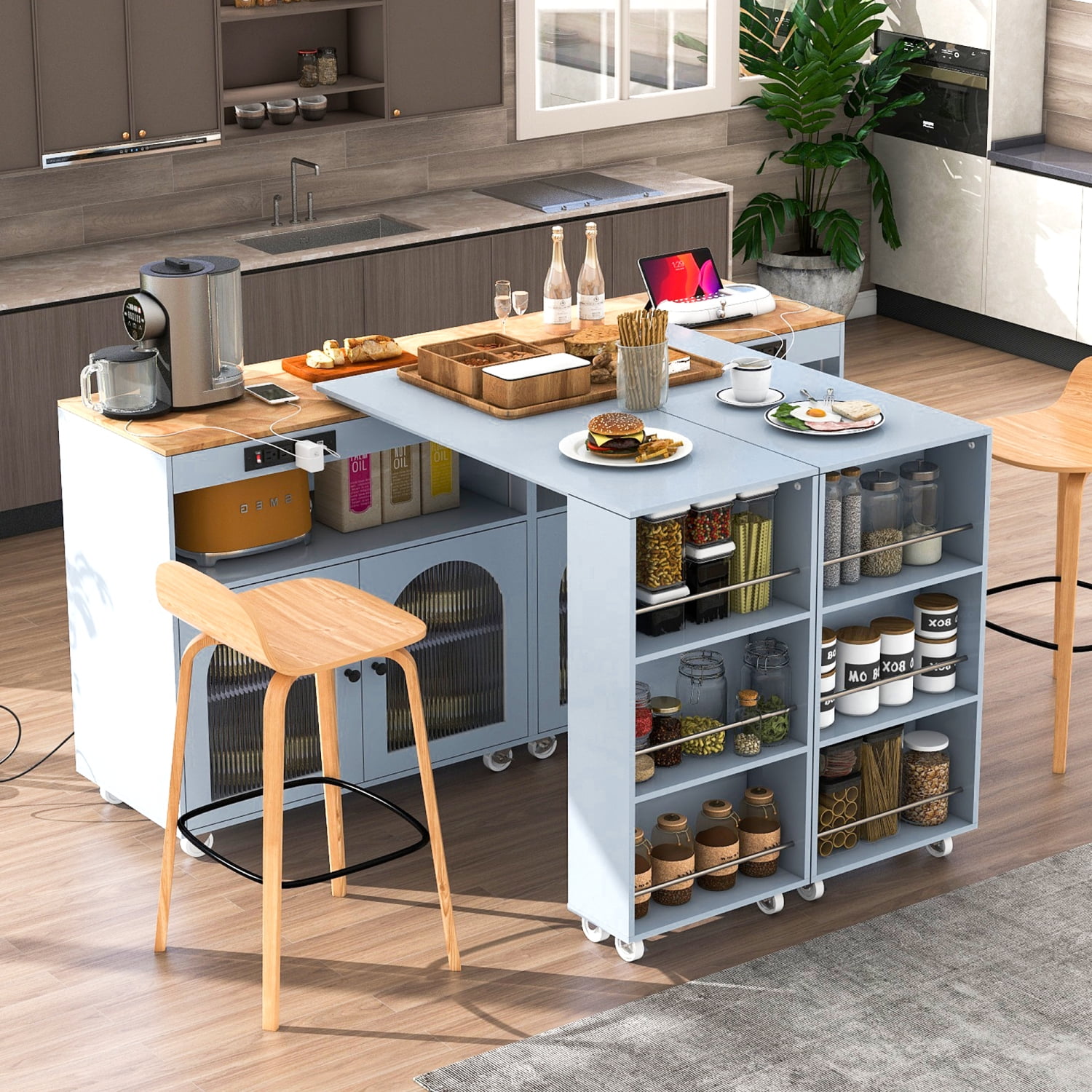 Harper & Bright Designs Rolling Kitchen Island With Extended Table, Kitchen Island on Wheels with LED Lights, Power Outlets and 2 Fluted Glass Doors, Kitchen Island with Storage Shelves, Grey-Blue