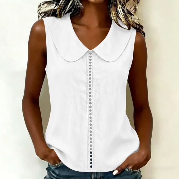 Uootdi Women's Tops Peter Pan Collar Sleeveless Hollow Out Trim Linen Blend Blouses Casual Daily Style Lightweight Breathable Relaxed Fit Tops Gift