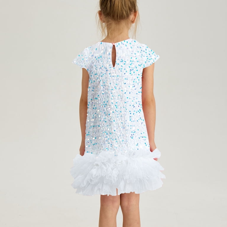 Lcziwo Girls Sequin Dress Shiny Short Cap Sleeve Midi Sparkly Party Dress Kids Petite A Line Glitter Performance Dresses, White, 6-7 Years, Kids
