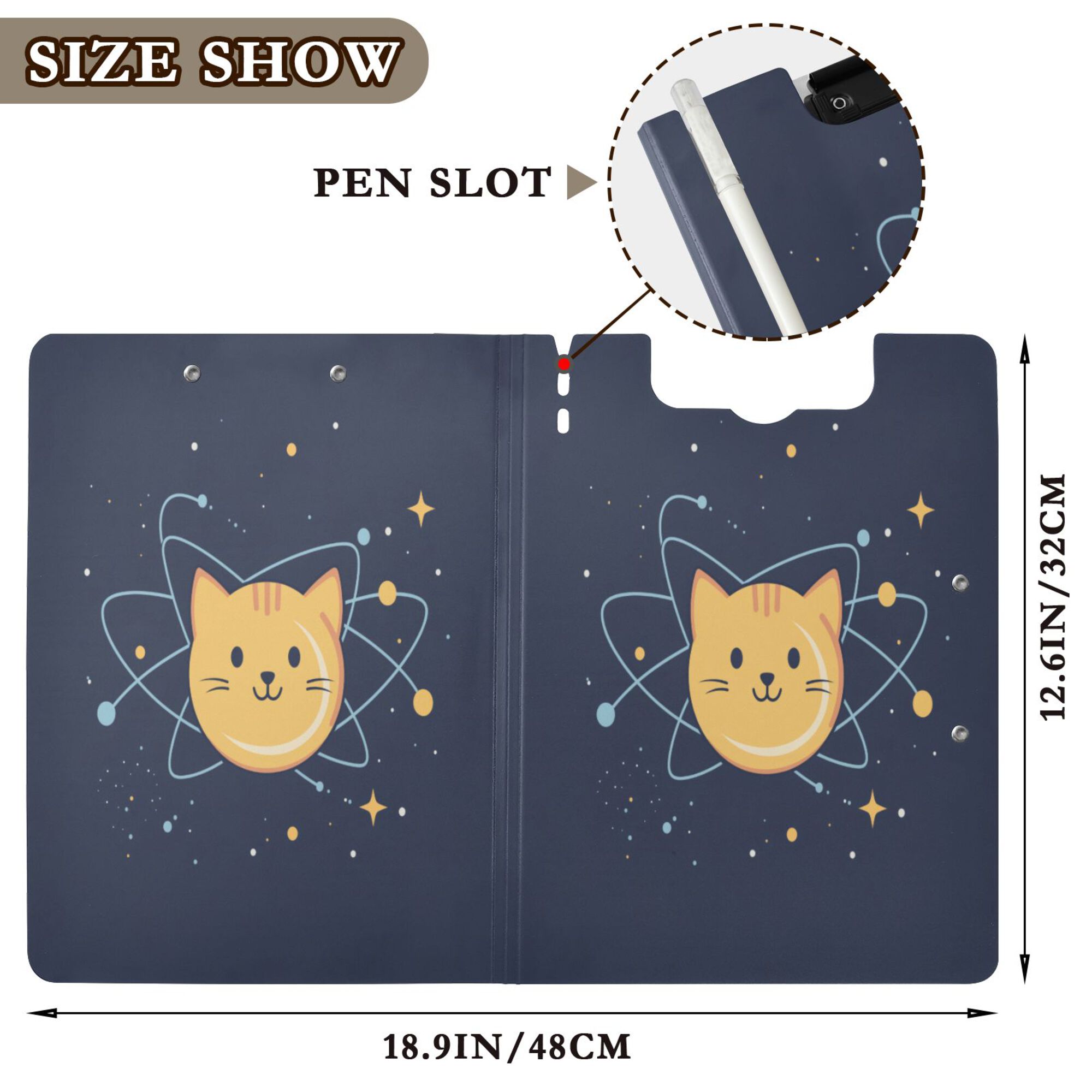 FORMRS A4 Clipboard Folder with Pen Holder Horizontal Foldable School Office Binder, Orange Cat Planet