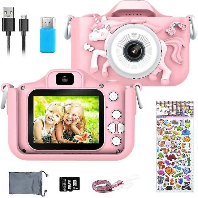 Cámara digital para niños, foto de 20 MP y vídeo HD de 1080p, lente dual, cámara para selfies, zoom 8x, apagado automático, tarjeta TF de 32 GB incluida, color rosa